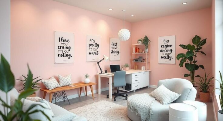 A serene space with motivational elements, featuring light pink hues and inspirational quotes for positivity.