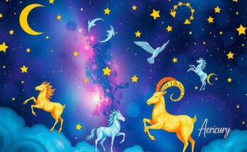 A celestial representation of zodiac signs with cosmic symbols, vibrant colors, and stars, reflecting positive energy.