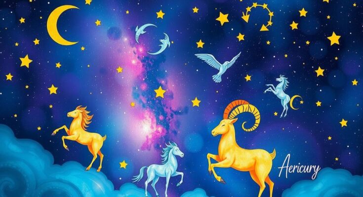 A celestial representation of zodiac signs with cosmic symbols, vibrant colors, and stars, reflecting positive energy.