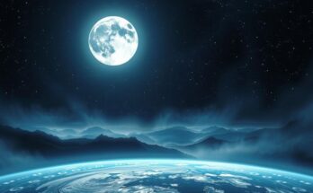 A mystical scene with a full moon illuminating a dark starry sky, surrounded by zodiac symbols and serene nature.