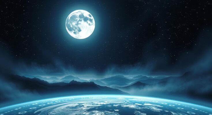 A mystical scene with a full moon illuminating a dark starry sky, surrounded by zodiac symbols and serene nature.