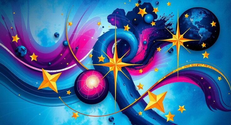 An abstract representation of astrological symbols with vibrant colors illustrating a celestial shift and new beginnings.