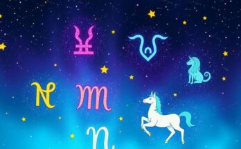 Космическая иллюстрация знаков зодиака, звёзды и планеты в ярких цветах, на фоне ночного неба.