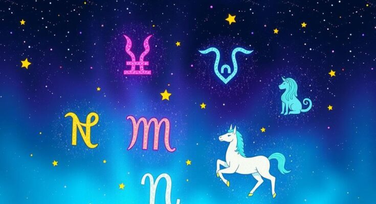 Космическая иллюстрация знаков зодиака, звёзды и планеты в ярких цветах, на фоне ночного неба.