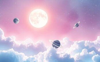 A serene cosmic scene with planets and stars, showcasing the transition from Taurus to Gemini in vibrant colors.