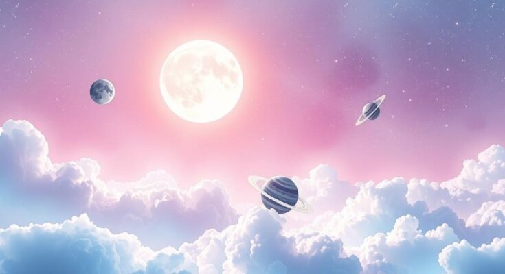 A serene cosmic scene with planets and stars, showcasing the transition from Taurus to Gemini in vibrant colors.