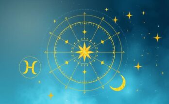Astrological symbols and cosmic elements with a calming blue and gold color scheme, depicting a celestial theme of enlightenment.