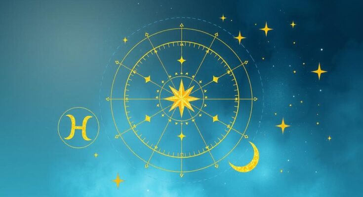 Astrological symbols and cosmic elements with a calming blue and gold color scheme, depicting a celestial theme of enlightenment.