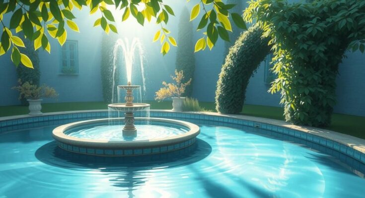 Lunar symbolism with a fountain representing emotional clarity in touch with nature's serenity.