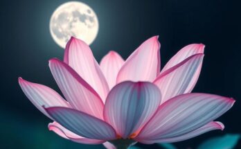 A serene flower blossoming under the full moon, symbolizing love and tenderness, with soft pastel colors.