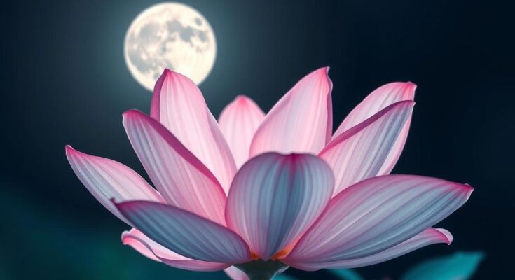 A serene flower blossoming under the full moon, symbolizing love and tenderness, with soft pastel colors.