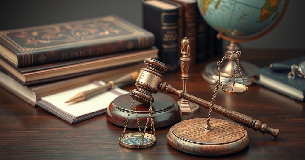 A political scene with a gavel, scales of justice, and a muted color palette to represent legal considerations.