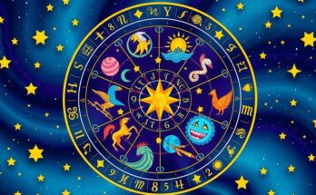 A colorful zodiac wheel illustration showcasing astrological signs and symbols with vibrant hues and a celestial theme.