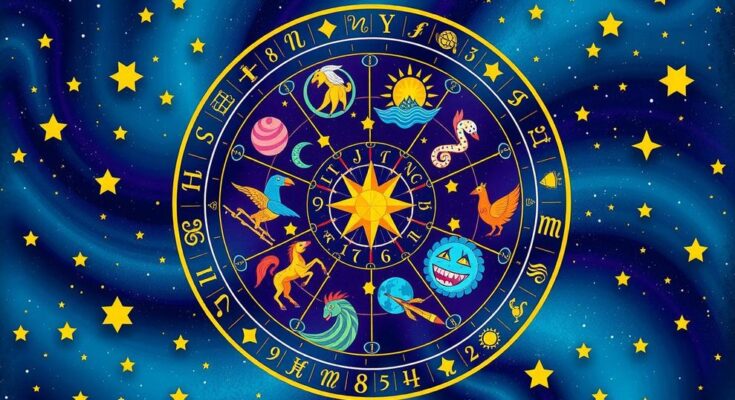 A colorful zodiac wheel illustration showcasing astrological signs and symbols with vibrant hues and a celestial theme.