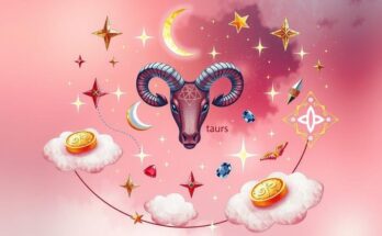 Astrological symbols and vibrant colors depicting Taurus traits, emphasizing finance and emotional balance.
