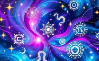 Astrological symbols in a colorful cosmic background representing daily horoscopes.