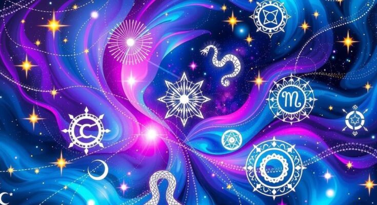 Astrological symbols in a colorful cosmic background representing daily horoscopes.