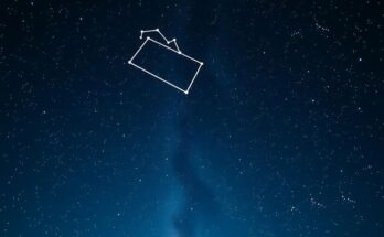 A starry night sky with a shining constellation symbolizing Aquarius, in navy blue and silver hues.