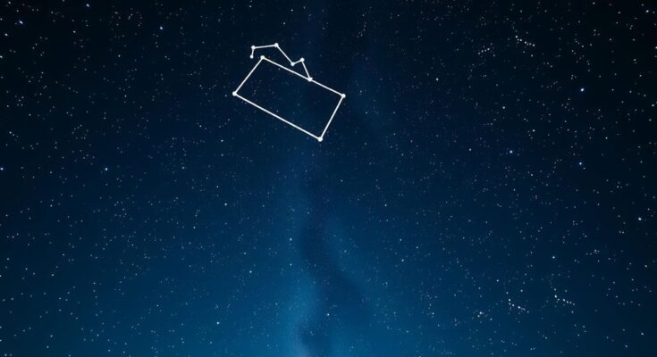 A starry night sky with a shining constellation symbolizing Aquarius, in navy blue and silver hues.