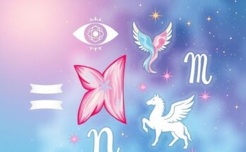 Astrological symbols representing love horoscopes and communication in soft pastel colors.
