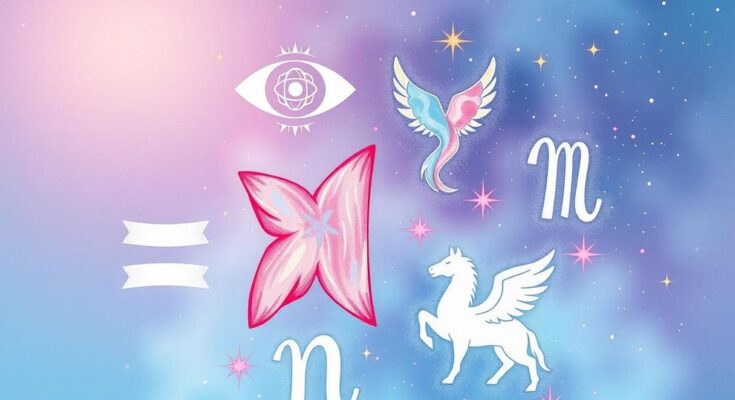 Astrological symbols representing love horoscopes and communication in soft pastel colors.