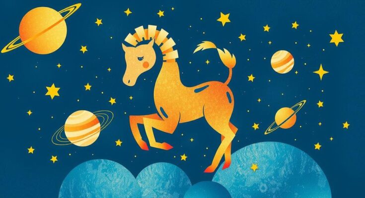 A colorful astrological symbol representing Aries with vibrant celestial motifs.