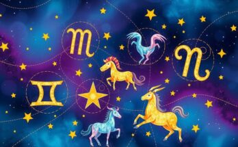 Colorful zodiac symbols representing daily horoscopes with celestial elements and cosmic background.