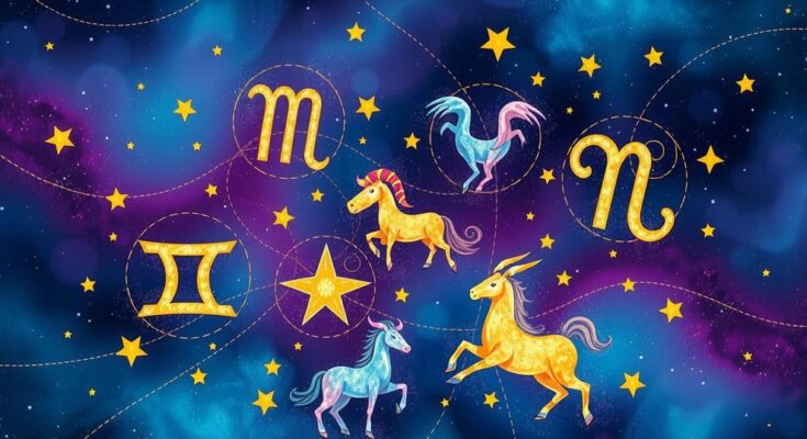 Colorful zodiac symbols representing daily horoscopes with celestial elements and cosmic background.