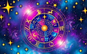 A vibrant horoscope wheel featuring zodiac signs, colorful starry background with celestial elements.