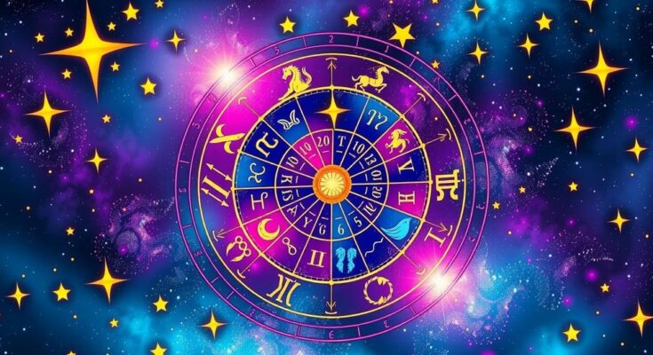 A vibrant horoscope wheel featuring zodiac signs, colorful starry background with celestial elements.