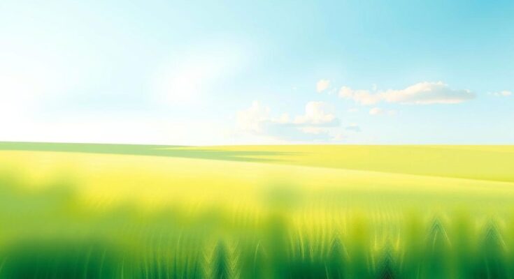 A serene landscape featuring pistachio green fields under a soft, blue sky, evoking harmony and tranquility.
