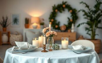 A peaceful dining setup with candles, soft colors, and cozy decor to symbolize connection and quality time with loved ones.