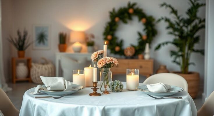 A peaceful dining setup with candles, soft colors, and cozy decor to symbolize connection and quality time with loved ones.