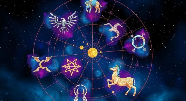 Astrological symbols representing all zodiac signs on a starry background with a cosmic color palette.