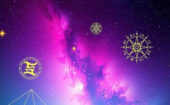 Vibrant celestial landscape with stars and astrological symbols, reflecting positive energy from Mercury in Taurus.