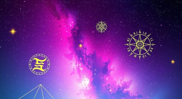 Vibrant celestial landscape with stars and astrological symbols, reflecting positive energy from Mercury in Taurus.