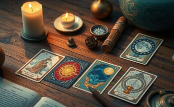 A serene tarot card spread featuring various cards symbolizing inner reflection and personal growth.