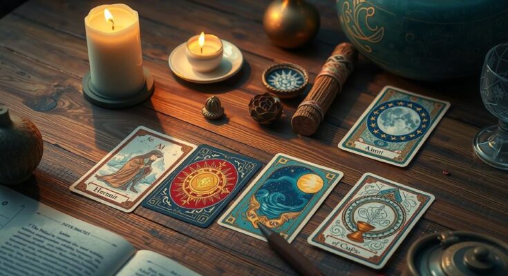 A serene tarot card spread featuring various cards symbolizing inner reflection and personal growth.