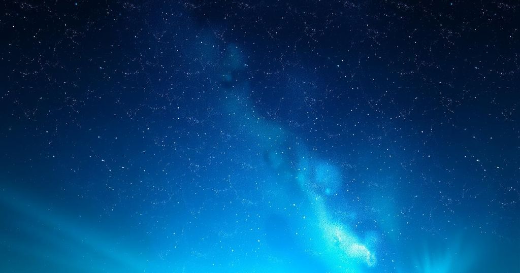 A serene night sky filled with shining stars, symbolizing astrology and horoscopes. Dark blue and silver color palette.
