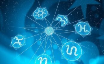 Astrological symbols on a cosmic background with shimmering stars and a calming blue color scheme.