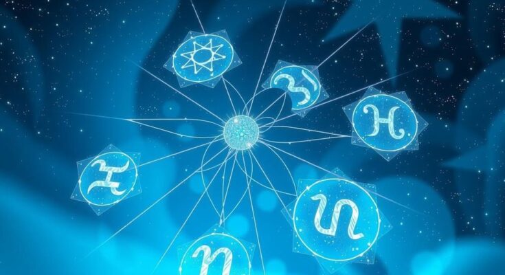 Astrological symbols on a cosmic background with shimmering stars and a calming blue color scheme.