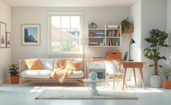 A serene and harmonious scene depicting balance between home and career, in a light pastel color palette.