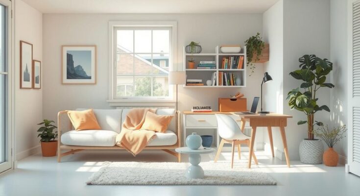 A serene and harmonious scene depicting balance between home and career, in a light pastel color palette.
