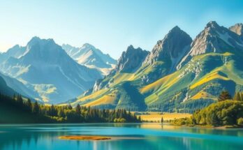 A serene landscape with mountains, lush greenery, and a clear sky, symbolizing good health and positivity for Capricorn.