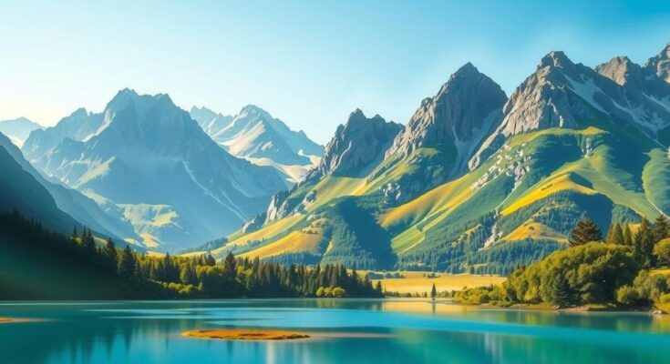 A serene landscape with mountains, lush greenery, and a clear sky, symbolizing good health and positivity for Capricorn.