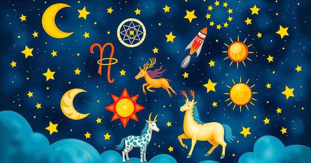 A colorful, celestial-themed illustration with astrological symbols and vibrant stars, representing daily horoscope predictions.