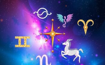 Astrological symbols of Gemini, Virgo, Sagittarius, Pisces, Aries in a cosmic light, vibrant color scheme, celestial design.