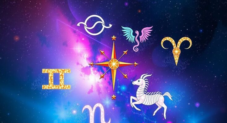 Astrological symbols of Gemini, Virgo, Sagittarius, Pisces, Aries in a cosmic light, vibrant color scheme, celestial design.