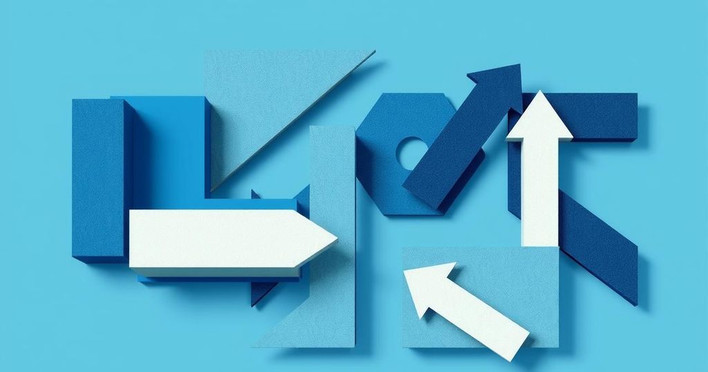 Conceptual artwork depicting international trade negotiations with abstract geometric shapes and a blue color scheme.
