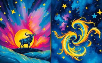 A vibrant cosmic scene depicting the transition from Taurus to Gemini, representing new ideas and curiosity.